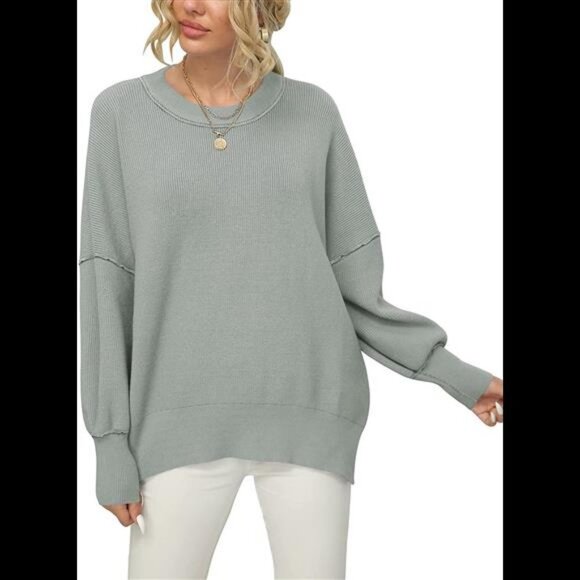Women Crewneck Batwing Sleeve Slit Ribbed Knit Pullover Sweater Top